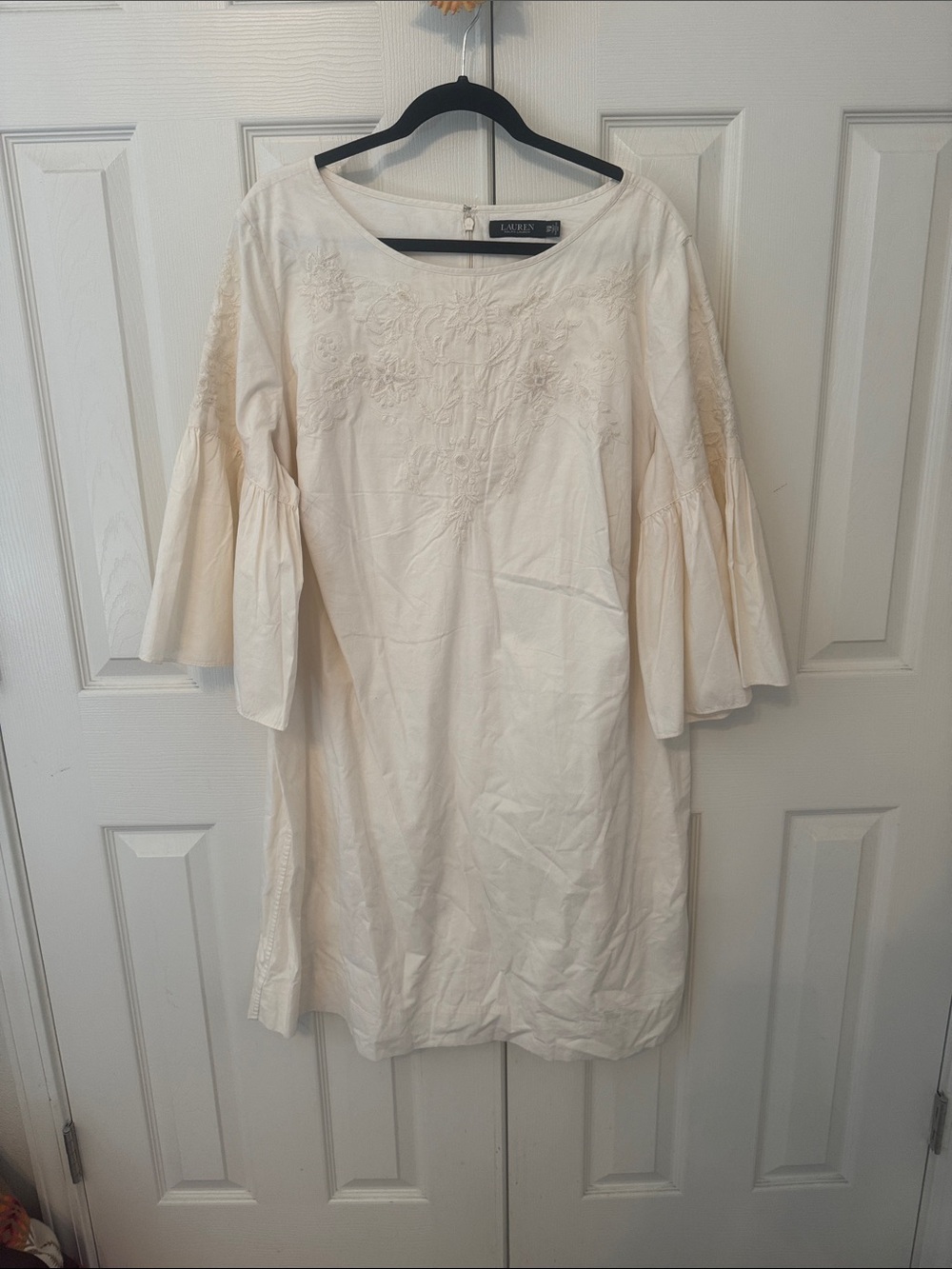 Lauren Ralph Lauren Cream Embroidered Midi Dress with Bell Sleeves